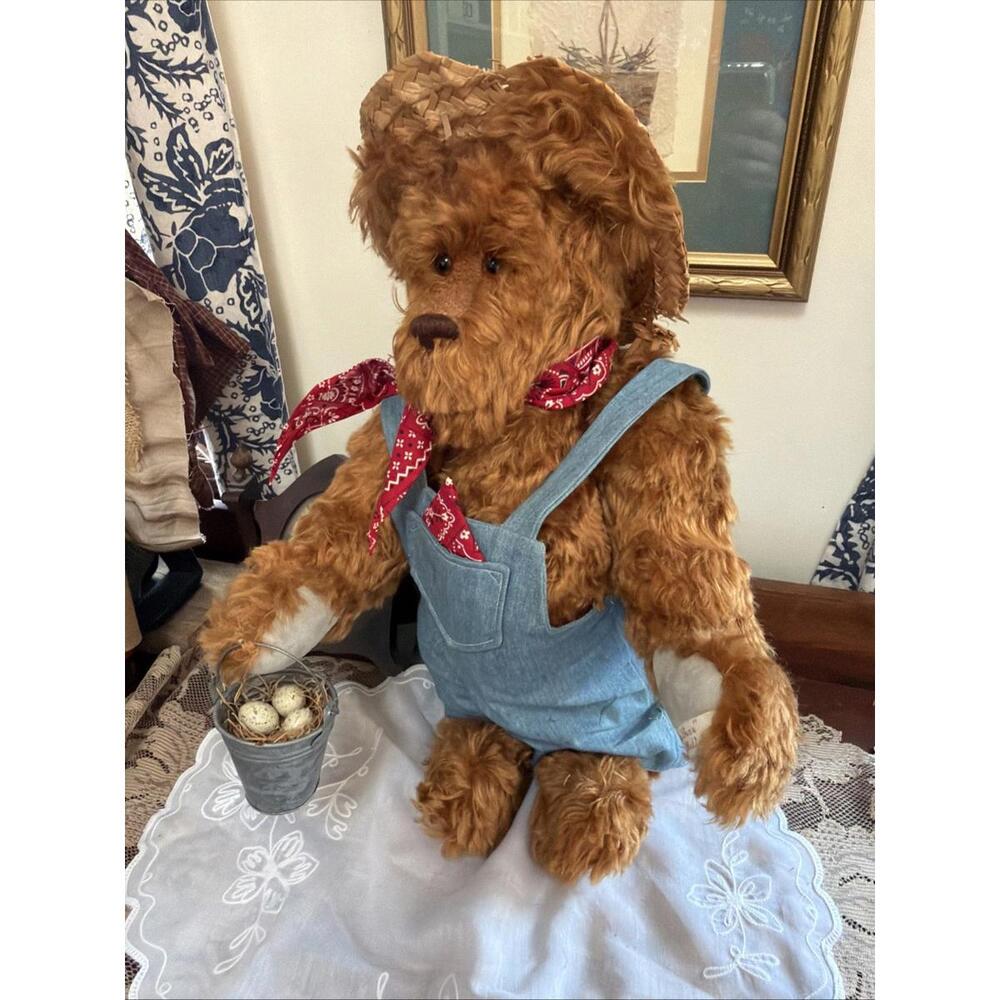 Large Mohair Teddy Bear 18” Farmer Overalls Egg Pail By Luckeye Medford Signed - Picture 5 of 14